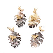 Natural Black Lip Shell Pendants, Butterfly & Bees with Leaf Charm, with Ion Plating(IP) 304 Stainless Steel Findings, Golden, 42mm, Leaf: 34x23.5x3.5mm, Butterfly: 9x10.5x2.5mm, Hole: 2.4mm(SSHEL-H069-03G)
