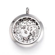 316 Surgical Stainless Steel Diffuser Locket Pendants, with Perfume Pad and Magnetic Clasps, Flat Round with Om Symbol, Stainless Steel Color, 36.5~37x30x6~6.5mm, Hole: 5mm, Inner Diameter: 23mm, 12Color/Set(STAS-H342-45P)