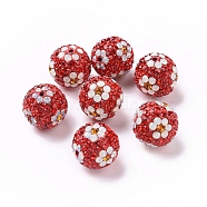Polymer Clay Rhinestone Beads, Pave Disco Ball Beads, Round with Flower, Light Siam, 16mm, Hole: 1.6~1.8mm(RB-L029-03F)