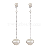 Natural Pearl Ear Studs, Dangle Earrings, with Sterling Silver Findings, Heart, Platinum, 68x11mm(EJEW-P286-14P)