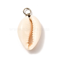 Natural Cowrie Shell Pendants, Shell Charms with Eco-Friendly Copper Wire, Platinum, 24~30x14~17x5~9mm, Hole: 4mm(PALLOY-JF00940-02)