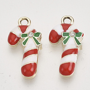 Christmas Theme, Alloy Enamel Pendants, with Crystal Rhinestone, Light Gold, Candy Cane, Red, 22x11x4mm, Hole: 1.8mm(ENAM-S119-016)