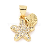 Brass Micro Pave Cubic Zirconia Charms, Starfish with Shell Shape Charm, Real 18K Gold Plated, Clear, 13.5x13x2.5mm, Hole: 3x4mm(KK-G444-02G-01)
