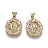 Brass Mirco Pave Clear Cubic Zirconia Pendants, Lady of Guadalupe Charms, Long-Lasting Plated, for Religion, with Snap on Bails, Flat Round & Virgin Mary, Real 18K Gold Plated, 18.5x14.5x3mm, Hole: 5mm(ZIRC-A011-20G)