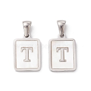 304 Stainless Steel Pave Shell Pendants, Rectangle Charm, Stainless Steel Color, Letter T, 17.5x12x1.5mm, Hole: 3x5mm(STAS-G327-01P-T)