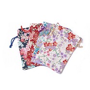 Burlap Packing Pouches, Drawstring Bags, Rectangle with Flower Pattern, Mixed Color, 14.2~14.7x10~10.3cm(ABAG-I001-10x14-07)