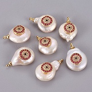 (Holiday Stock-Up Sale)Natural Cultured Freshwater Pearl Pendants, with Brass Cubic Zirconia Cabochons, Long-Lasting Plated, Nuggets with Flat Round, Real 18K Gold Plated, FireBrick, 14.5~18x11~13x7~11mm, Hole: 1.5mm(PEAR-F008-45G-2)