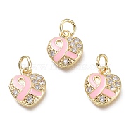 Brass Micro Pave Clear Cubic Zirconia Pendants, with Jump Rings, Heart, Real 18K Gold Plated, Pearl Pink, 11.5x10x2.5mm, Hole: 3.5mm(KK-P188-M01)