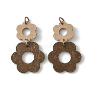 Double Flower Poplar Wood Pendants, with Iron Jump Ring, Coconut Brown, 47x29.5x2mm, Hole: 5mm(WOOD-G019-02)