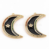Brass Micro Pave Colorful Cubic Zirconia Pendants, with Enamel, Nickel Free, Real 18K Gold Plated, Moon, Black, 27.5x21.5x2mm, Hole: 1.2mm(KK-S356-298B-NF)
