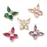 Brass Micro Pave Cubic Zirconia  and Glass Pendants, Lead Free & Cadmium Free, Long-Lasting Plated, Real 18K Gold Plated, Butterfly, Mixed Color, 9x10x3.5mm, Hole: 1.2mm(KK-Q772-13G)