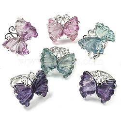 Butterfly Natural Fluorite Adjustable Rings, Rack Plating Platinum Tone Brass Finger Rings for Women, Butterfly: 23x29.5mm, US Size 8 1/2(18.5mm)(G-P547-06P)