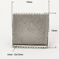 Brass Stud Earring Settings, Nickel Free, Platinum, 13x13mm, Tray: 12x12mm, Pin: 0.6mm thick(KK-I002-P-NF)