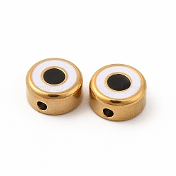 Eco-Friendly 304 Stainless Steel Beads, with Enamel, Flat Round with Evil Eye, Golden, Black, 8x4mm, Hole: 1.5mm(STAS-A077-01G-06)