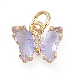 Brass Micro Pave Clear Cubic Zirconia Pendant, with Glass, Butterfly, Golden, Lavender, 12.5mm(ZIRC-P079-B01-16)