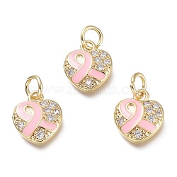 Brass Micro Pave Clear Cubic Zirconia Pendants, with Jump Rings, Heart, Real 18K Gold Plated, Pearl Pink, 11.5x10x2.5mm, Hole: 3.5mm(KK-P188-M01)