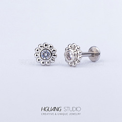 Stainless Steel Micro Pave Clear Cubic Zirconia Cartilage Earrings for Women Men, Flat Back Earring, Flower, 6mm, Pin: 1.2mm(WG126FA-01)