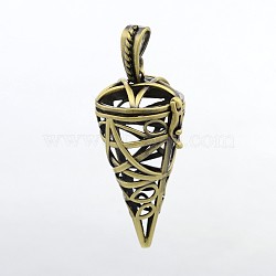 Cone Brass Cage Pendants, For Chime Ball Pendant Necklaces Making, Lead Free & Nickel Free & Cadmium Free, Antique Bronze, 47x22x22mm, Hole: 7x4mm(KK-L079-11-NR)