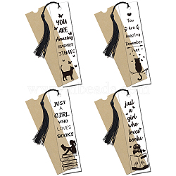 Globleland 1 Set Acrylic Bookmark Pendants for Teachers' Day, Rectangle, with Paper Bags and Polyester Tassel Decorations, Black, Bookmark: 120x28mm, 4 styles, 1pc/style, 4pcs/set(DIY-GL0004-28)