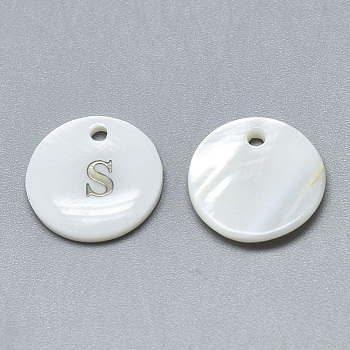 Natural White Shell Mother of Pearl Shell Charms, with Iron Sticker, Flat Round with Letter, Letter.S, 13x2mm, Hole: 1.5mm