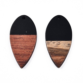 Opaque Resin & Walnut Wood Pendants, Teardrop Shape Charm, Black, 38x18x3mm, Hole: 2mm
