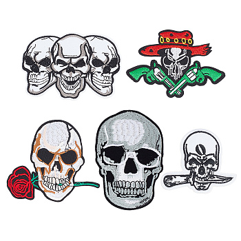 5Pcs 5 Style Skull Computerized Embroidery Cloth Iron on Patches, Stick On Patch, Costume Accessories, Appliques, Mixed Color, 61.5~98x65.5~96x1~1.5mm, 1pc/style