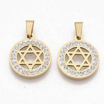 201 Stainless Steel Pendants, with Random Size Snap On Bails and Polymer Clay Crystal Rhinestones, for Jewish, Flat Round with Star of David, Golden, 23x20x2.5mm, Hole: 8~10x3~5mm