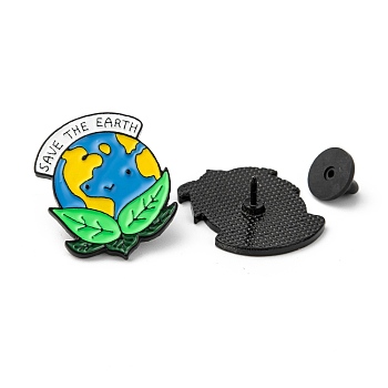 Creative Zinc Alloy Brooches, Enamel Lapel Pin, with Iron Butterfly Clutches or Rubber Clutches, Electrophoresis Black, Save The Earth, Lime, 28x23mm, Pin: 1mm