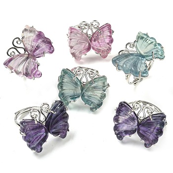 Butterfly Natural Fluorite Adjustable Rings, Rack Plating Platinum Tone Brass Finger Rings for Women, Butterfly: 23x29.5mm, US Size 8 1/2(18.5mm)