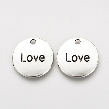 Tibetan Style Alloy Pendants, Flat Round with Word Love, Cadmium Free & Lead Free, Antique Silver, 20x2mm, Hole: 2mm, about 490pcs/1000g