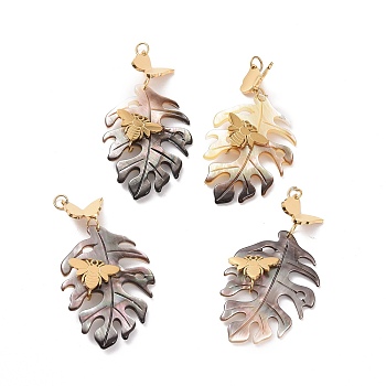 Natural Black Lip Shell Pendants, Butterfly & Bees with Leaf Charm, with Ion Plating(IP) 304 Stainless Steel Findings, Golden, 42mm, Leaf: 34x23.5x3.5mm, Butterfly: 9x10.5x2.5mm, Hole: 2.4mm