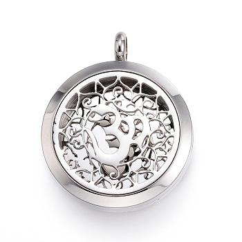 316 Surgical Stainless Steel Diffuser Locket Pendants, with Perfume Pad and Magnetic Clasps, Flat Round with Om Symbol, Stainless Steel Color, 36.5~37x30x6~6.5mm, Hole: 5mm, Inner Diameter: 23mm, 12Color/Set