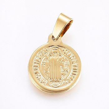 Vacuum Plating 304 Stainless Steel Pendants, Religion, Flat Round with Saint Benedict, Golden, 18x15x1.5mm, Hole: 7x4mm
