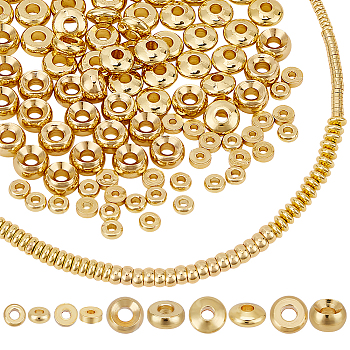 200Pcs 5 Styles Brass Beads, Long-Lasting Plated, Flat Round/Disc, Heishi Beads, Real 18K Gold Plated, 3~5x1~3mm, Hole: 1~2mm, 40pcs/style