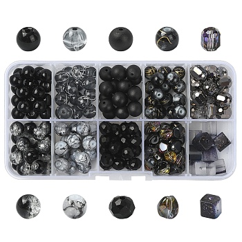 Glass Beads, Mixed Styles, Mixed Shapes, Black, 7~9x6.5~8x6~8mm, Hole: 0.9~1.6mm, 202pcs/set
