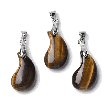 Natural Tiger Eye Pendants, Magatama Shaped Charms with Platinum Tone Brass Snap on Bails, Long-Lasting Plated, Lead Free & Cadmium Free, 21.6x11.3x7.1mm, Hole: 5x4mm