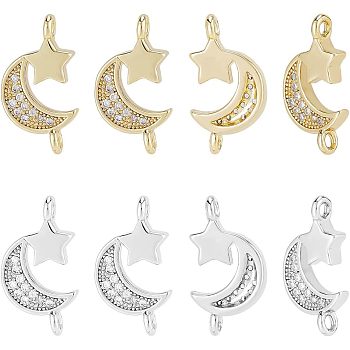 HOBBIESAY 12Pcs 2 Colors Brass Micro Pave Clear Cubic Zirconia Connector Charms, Moon & Star, Platinum & Golden, 16.5x8.5x3mm, Hole: 1.5mm, 6pcs/color