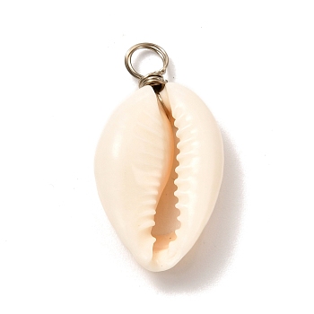 Natural Cowrie Shell Pendants, Shell Charms with Eco-Friendly Copper Wire, Platinum, 27~30x14~15x7~7.5mm, Hole: 4mm