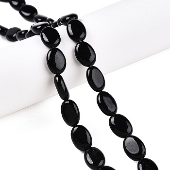 Natural Black Stone Beads Strands, Flat Oval, 14x10x5.5mm, Hole: 1.2mm, about 28pcs/strand, 15.55''(39.5cm)