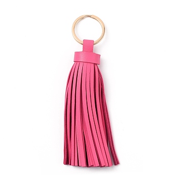 PU leather Tassel Pendants Keychains, with Light Gold Plated Iron Finding, Hot Pink, 143mm