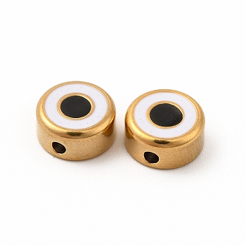 Eco-Friendly 304 Stainless Steel Beads, with Enamel, Flat Round with Evil Eye, Golden, Black, 8x4mm, Hole: 1.5mm