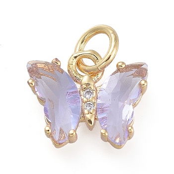 Brass Micro Pave Clear Cubic Zirconia Pendant, with Glass, Butterfly, Golden, Lavender, 12.5mm