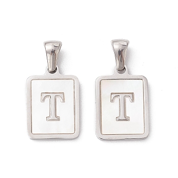 304 Stainless Steel Pave Shell Pendants, Rectangle Charm, Stainless Steel Color, Letter T, 17.5x12x1.5mm, Hole: 3x5mm