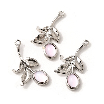 Glass Pendants, Leaf, with Alloy Findings, Rack Plating, Lead Free & Cadmium Free & Nickel Free, Pink, Platinum, 31~31.5x17x5mm, Hole: 1.6mm