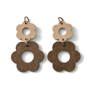 Double Flower Poplar Wood Pendants, with Iron Jump Ring, Coconut Brown, 47x29.5x2mm, Hole: 5mm