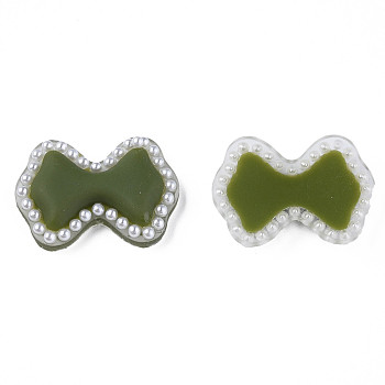 Acrylic Cabochons, with ABS Plastic Imitation Pearl Beads, Bowknot, Dark Olive Green, 18x24.5x4.5mm