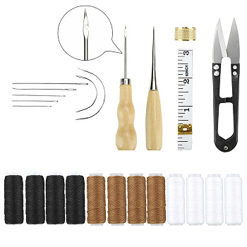 Leather Working Tools Kit, Including Stitching Needles, Waxed Thread, Awl and Ruler and Sewing Thimble, for DIY Leather Craft, Mixed Color, 24pcs/set
