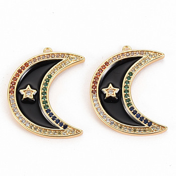 Brass Micro Pave Colorful Cubic Zirconia Pendants, with Enamel, Nickel Free, Real 18K Gold Plated, Moon, Black, 27.5x21.5x2mm, Hole: 1.2mm