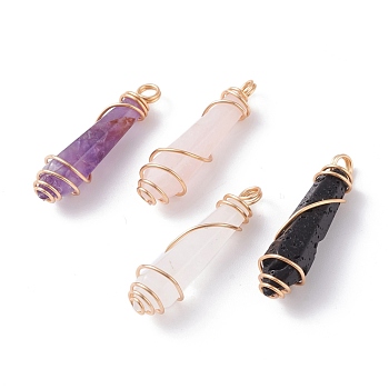 Natural Mixed Gemstone Pointed Pendants, with Golden Tone Copper Wire Wrapped, Faceted Bullet Charms, 35.5~37x10.5mm, Hole: 3~3.4mm