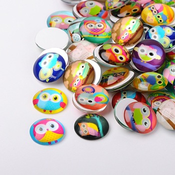 Cartoon Owl Printed Glass Half Round/Dome Cabochons, Mixed Color, 18x5mm